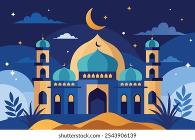 Islamic Mosque Illustration Background with Crescent Moon and Night Sky