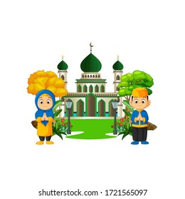 Islamic Mosque With Kids Cartoon Isolated