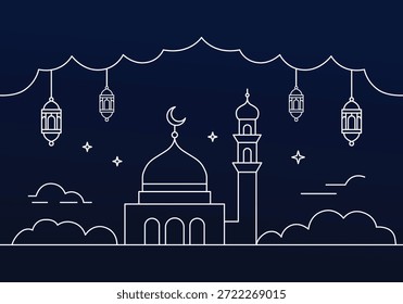 Mesquita Islâmica com Lanternas e Ilustração da Lua Crescente