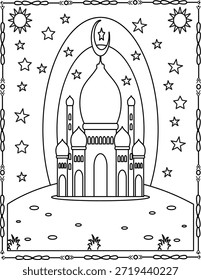 Mezquita islámica Arte de línea con Luna creciente. Ilustración De Ramadán Y Eid. Página Para Colorear Mezquita Para Niños Y Adultos.
