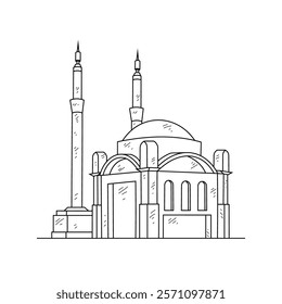 Islamic Mosque Line Art Illustration - Traditional Muslim Architecture with Minarets and Domes in Minimalist Black and White Architectural Drawing Style. Architectural themes design vector concept.