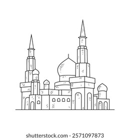 Islamic Mosque Line Art Illustration - Traditional Muslim Architecture with Minarets and Domes in Minimalist Black and White Architectural Drawing Style. Architectural themes design vector concept.