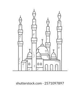 Islamic Mosque Line Art Illustration - Traditional Muslim Architecture with Minarets and Domes in Minimalist Black and White Architectural Drawing Style. Architectural themes design vector concept.