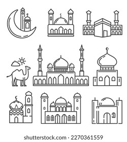 Islamic Mosque Line Style Icon Set for Modern Islamic Design