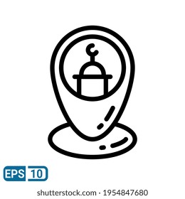 Icono de ubicación de mezquita islámica en estilo de línea aislado en fondo blanco. ilustración vectorial de la colección de religión. EPS 10