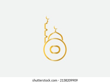 Islamische Moschee und Minar-Logo-Kunst und Symboldesign mit dem Buchstaben O und dem Alphabet