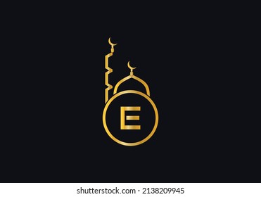 Islamische Moschee- und Minenlogo-Kunst und Symboldesign mit dem Buchstaben E und dem Alphabet