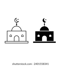 Islamic mosque Minaret and dome icon. Islamic template, stencil, pattern, black masjid, icon, isolated on white background. Vector sign, symbol for we