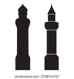 Islamic Mosque Minaret Silhouette Set Traditional Masjid Tower Black Vector Illustration Isolated on White Background