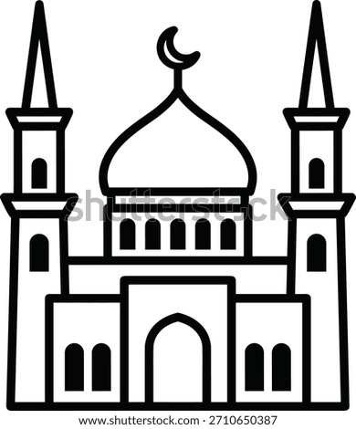 Islamic mosque with minarets and dome. Place of worship for muslim pray and qibla direction for spiritual devotion.