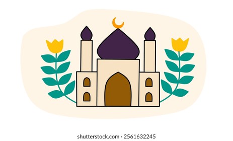 Islamic mosque with minarets and domes illustration. Ramadan Kareem and Eid Mubarak decoration.