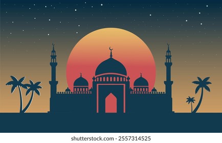 Islamic Mosque Moon Silhouettes   design of  Ramadan Eid Background,Galaxy sky Night with Starry,Crescent Moon over Mosque Dome.