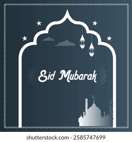 Islamic mosque with moon, stars, lanterns and clouds at night. Eid Mubarak greeting post banner