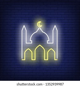 Islamic mosque neon sign. Religion, culture and architecture design. Night bright neon sign, colorful billboard, light banner. Vector illustration in neon style.