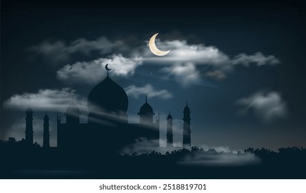 Fondo de la noche de la mezquita islámica. Silueta de la mezquita bajo la luz de la luna. Arquitectura tradicional oriental. Religión y cultura. Paisaje de país musulmán. Ilustración vectorial plana