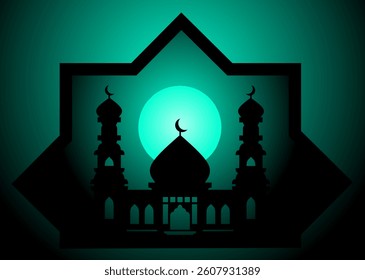 islamic mosque in the night vector design. Glowing Mosque Silhouette Background Design Inside Star Frame. Modern Islamic Design with Mosque and Star Outline