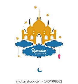 Islamic mosque on a cloud with lamps, stars and moon icons. Ramadan kareem - Vector