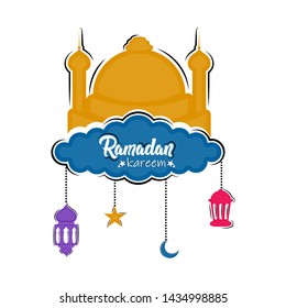 Islamic mosque on a cloud with lamps, stars and moon icons. Ramadan kareem - Vector