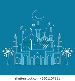 Islamic Mosque Outline with Crescent Moons and Stars on Blue Background