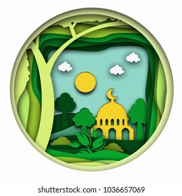 islamic mosque paper cutting art style