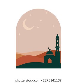 Islamic mosque Ramadan Mubarak greeting cards with retro boho design concept vector flat design