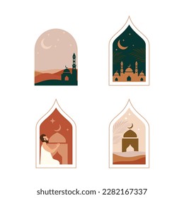 Islamische Moschee Ramadan Mubarak Grußkarten mit Retro-Boho-Design Vektordesign
