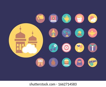 islamic mosque and ramdan icons set over blue background, block style, vector illustration