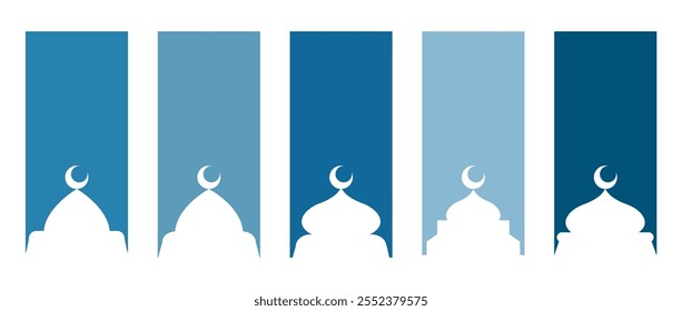 Formas de mesquita islâmica. Portas, portões e janelas muçulmanos. Quadros de kareem do Ramadã. Conjunto de bordas arábicas azuis. Ilustração vetorial isolada sobre fundo branco.