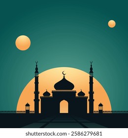 Islamic mosque silhouette against a backdrop of the sun and moon, symbolizing harmony between day and night.