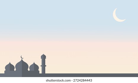 Islamic mosque silhouette against a soft pink and purple sunset gradient sky. Emotional and spiritual Ramadan twilight background vector. Maghrib prayer concept.