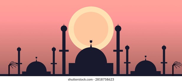 Islamic mosque silhouette against vibrant orange sunset sky for Ramadan or Eid greeting background.