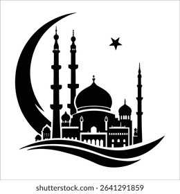 Islamic Mosque Silhouette with Crescent Moon, Minimalist Monochrome Illustration for Cultural and Religious Concepts