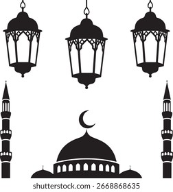 Islamic Mosque Silhouette with Crescent Moon – Vector Illustration