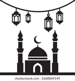 Islamic Mosque Silhouette with Crescent Moon – Vector Illustration