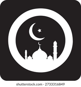 Islamic mosque silhouette with crescent moon and star inside a circle