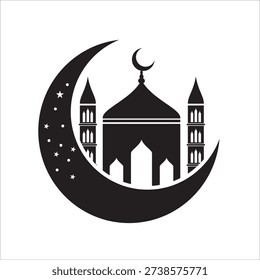 Islamic Mosque Silhouette with Crescent Moon and Stars