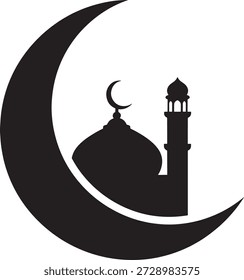 Silhueta da mesquita islâmica dentro do vetor da lua crescente grande, edifício masjid com minarete e ícone da cúpula para Ramadan Kareem, Eid Mubarak, e design do festival religioso.