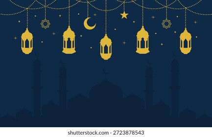 Silueta islámica de la mezquita con la línea de la linterna que cuelga para la tarjeta de felicitación o la decoración del diseño del cartel