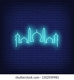 Islamic mosque silhouette neon sign. Religion, culture and architecture design. Night bright neon sign, colorful billboard, light banner. Vector illustration in neon style.