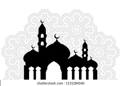 Islamic Mosque Silhouette on Traditional Arabesque Ornament Background - Eid Mubarak, Greeting Ramadan Kareem - Vector Illustration Icon Isolated