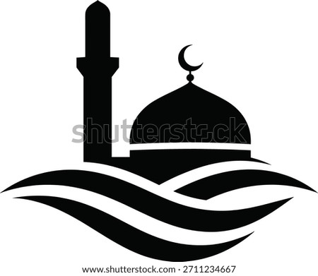Islamic mosque silhouette with qibla direction, a timeless symbol of devotion and a perfect muslim pray icon, reflecting spiritual harmony.