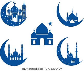 Islamic mosque silhouette set with crescent moons and stars, diverse architecture styles, religious building icons, cultural design elements, flat vector