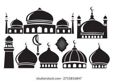  Conjunto de silueta de mezquita islámica con cúpulas y media luna, Colección de Vector de Ramadán