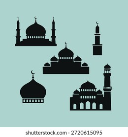 Silueta de mezquita islámica con cúpulas y minaretes. Ilustración vectorial plana perfecta para Ramadán, Eid al-Fitr, Eid al-Adha, diseño islámico, temas religiosos, fondos, carteles y tarjetas de felicitación.