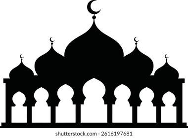 Islamic Mosque Silhouette Vector – Crescent Moon and Minaret Architecture Icon