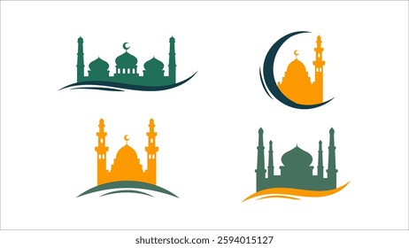 Islamic Mosque Silhouette Vector Set, Ramadan and Eid Mubarak Elements