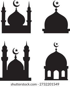 Silhuetas de mesquita islâmica com lua crescente e ícones de arquitetura religiosa estrela