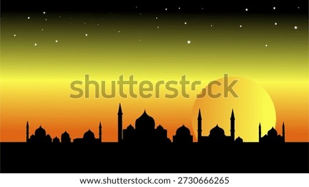 Islamic Mosque Skyline Silhouette with Big Sunset Moon and Starry Night Sky
