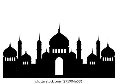 Silueta del horizonte de la mezquita islámica con múltiples cúpulas, que representa la cultura musulmana, la espiritualidad y la arquitectura religiosa en estilo minimalista