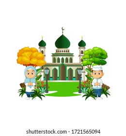Islamic Mosque With Two Kids Cartoon